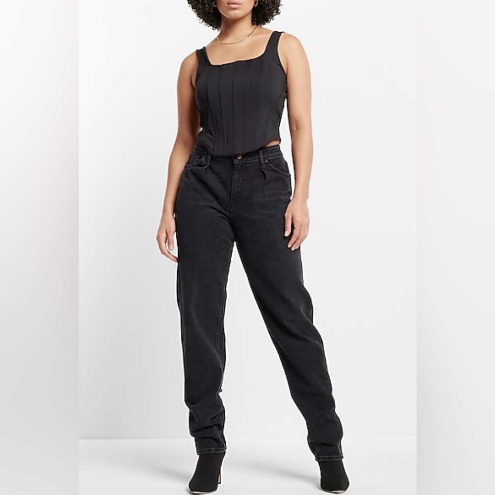 New With Tags Size 12L Express Mid Rise Washed Black Baggy Pleated Tapered Jeans